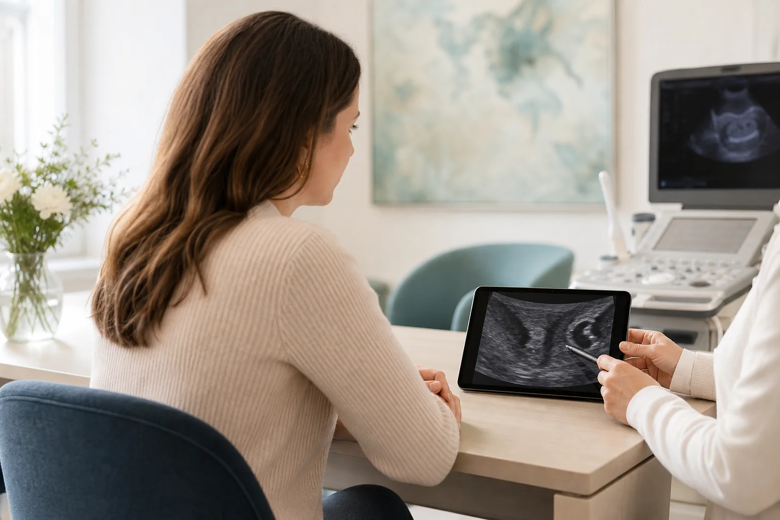 Patientin bei der verständlichen Besprechung eines gynäkologischen Ultraschallbefunds
